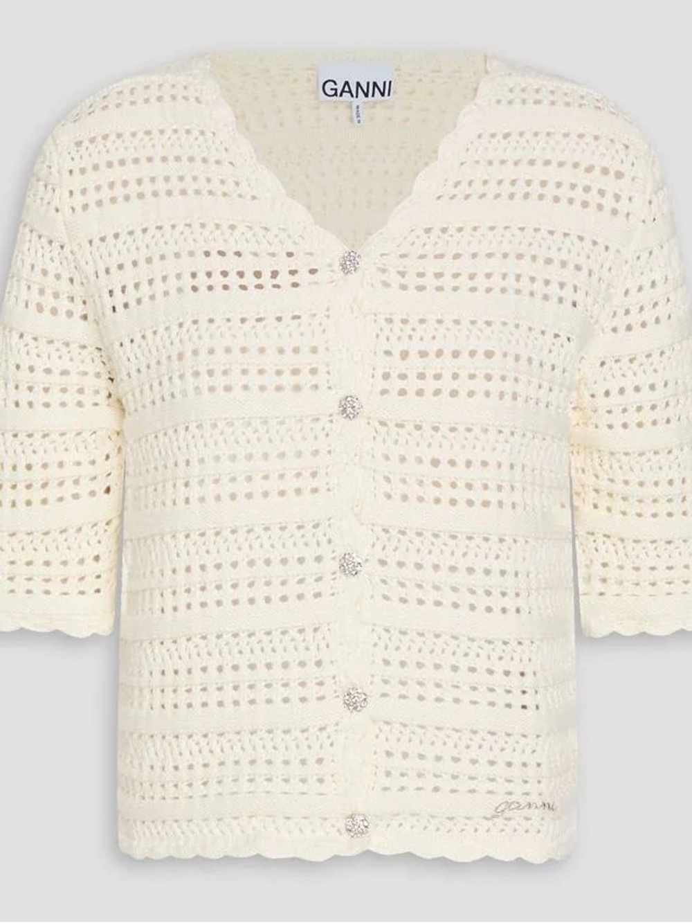Ganni White Pointelle-knit  Short Sleeve Cardigan